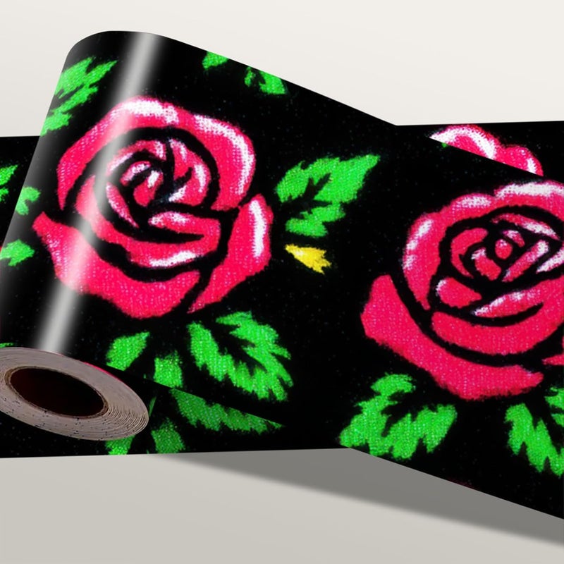 IOHEFY Red Rose Wallpaper Border 196x4 Inch Removable Wall Border Peel and Stick Floral Design with Green Leaves for Bedroom Bathroom Kitchen Living Room Wall Trim Decor Romantic Vintage Style - Image 1